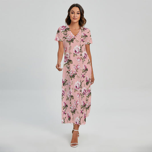 Shabby Chic Vintage Floral Print Short Sleeve Maxi Dress
