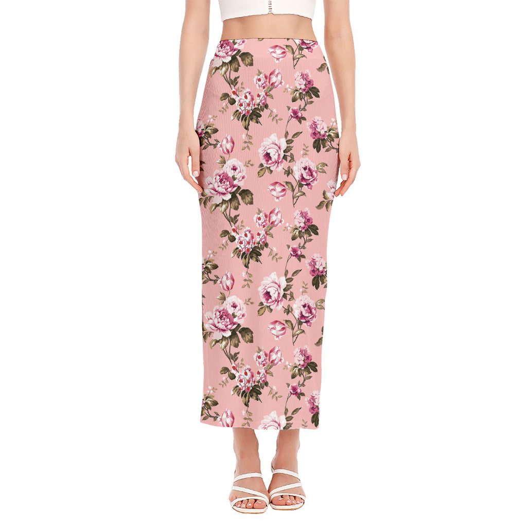Shabby Chic Vintage Floral Print Side Slit Maxi Skirt