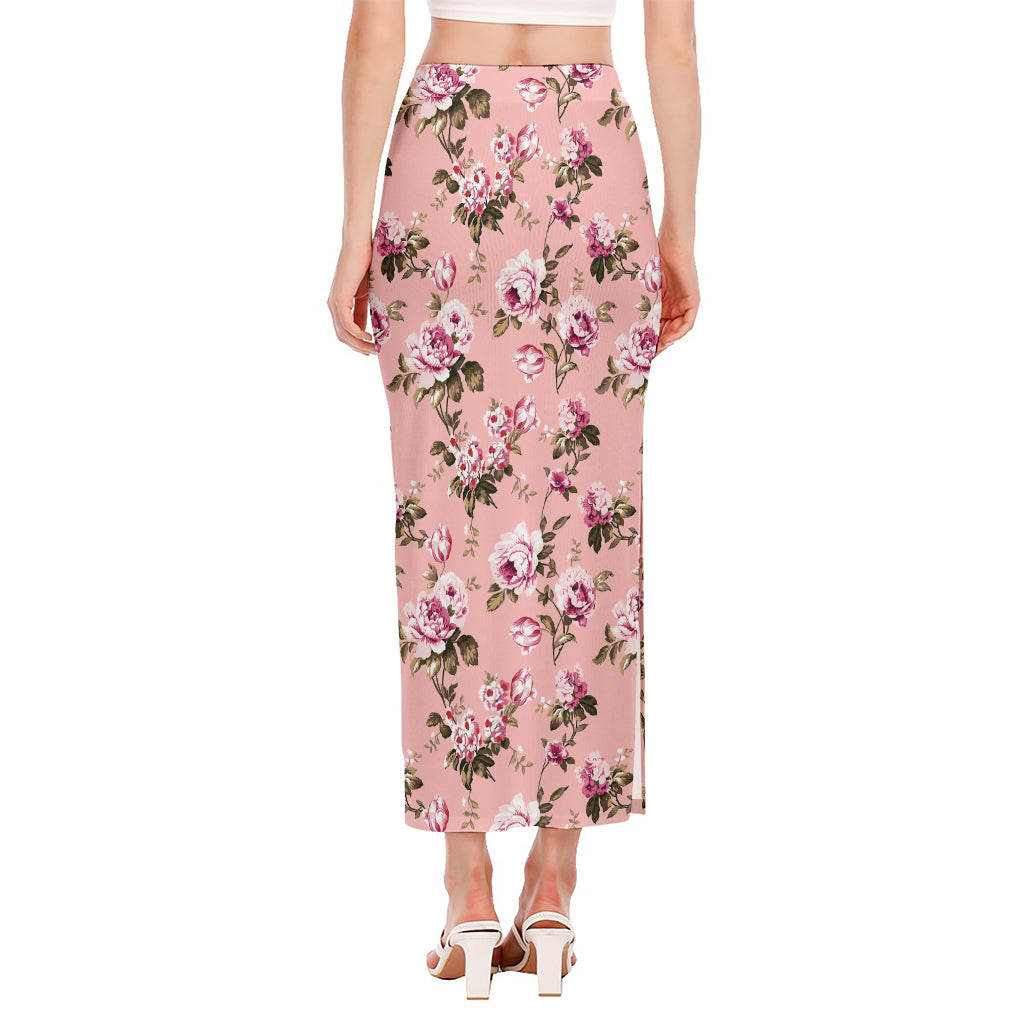 Shabby Chic Vintage Floral Print Side Slit Maxi Skirt
