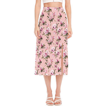 Shabby Chic Vintage Floral Print Side Slit Midi Skirt