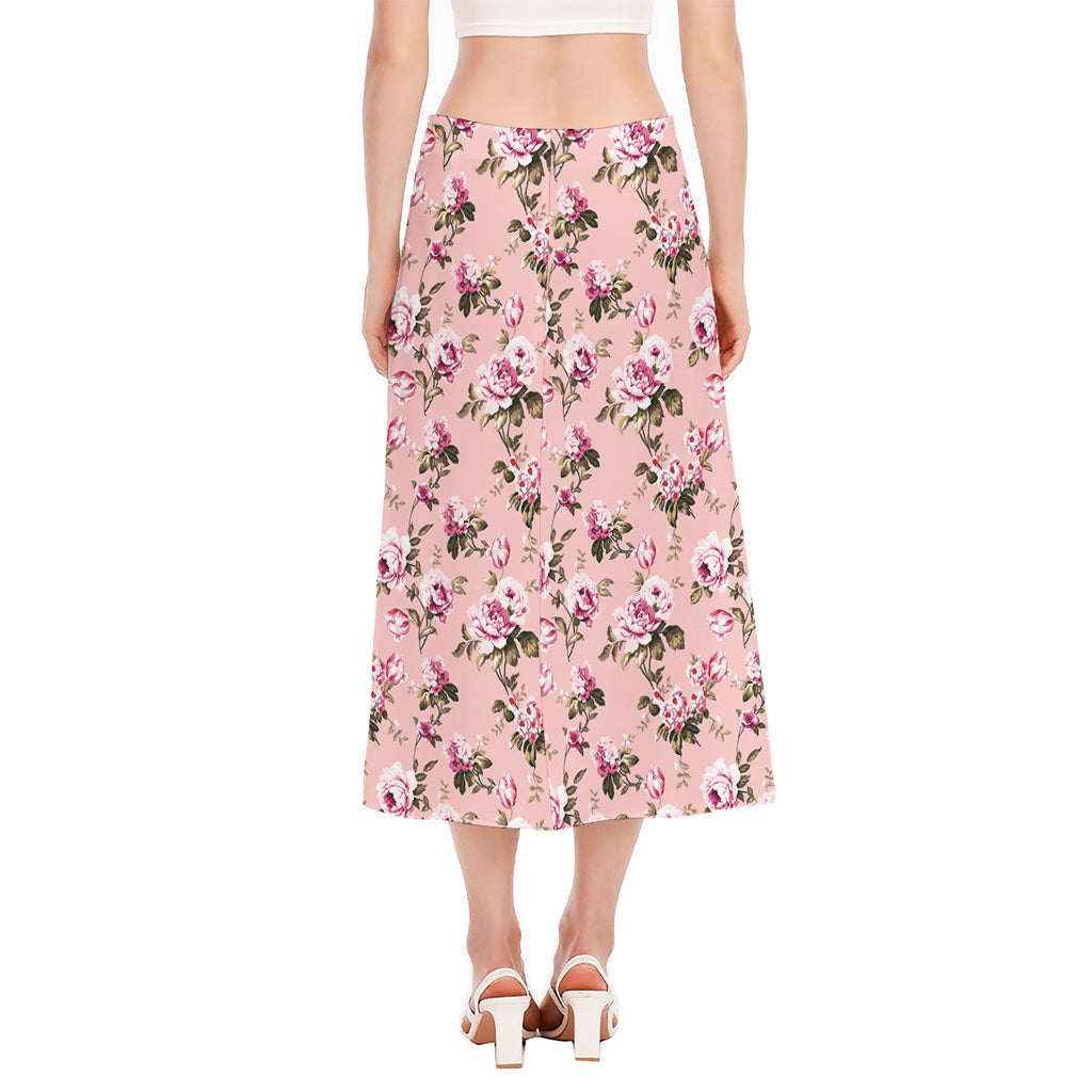 Shabby Chic Vintage Floral Print Side Slit Midi Skirt