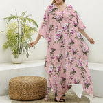 Shabby Chic Vintage Floral Print Silk V-Neck Kaftan Dress