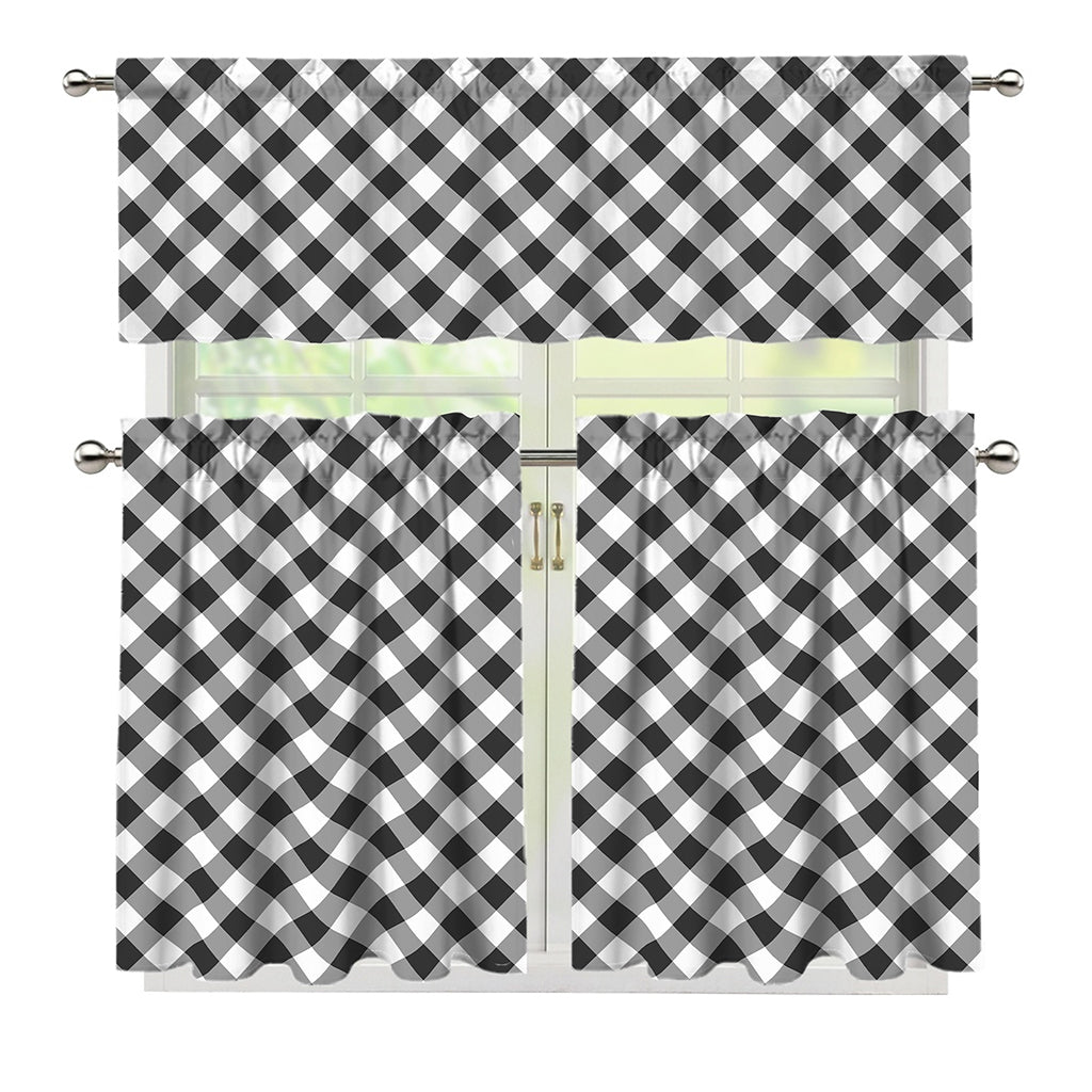 Shadow Grey And White Gingham Print 3 Piece Kitchen Curtains
