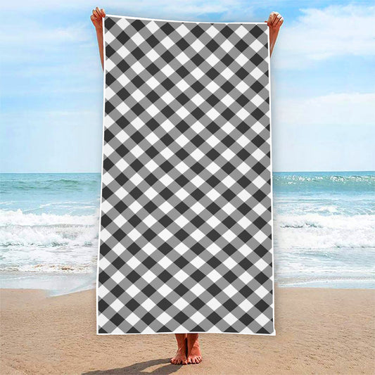 Shadow Grey And White Gingham Print Beach Towel