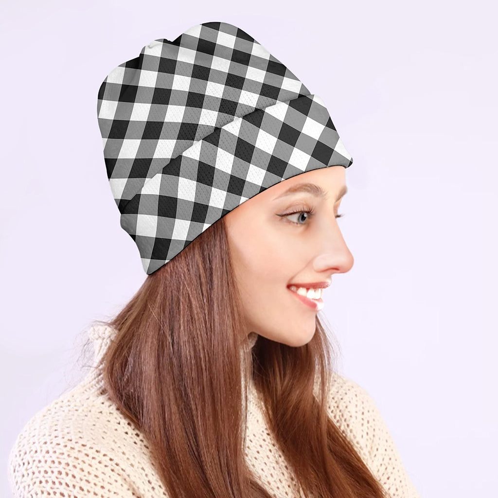 Shadow Grey And White Gingham Print Beanie