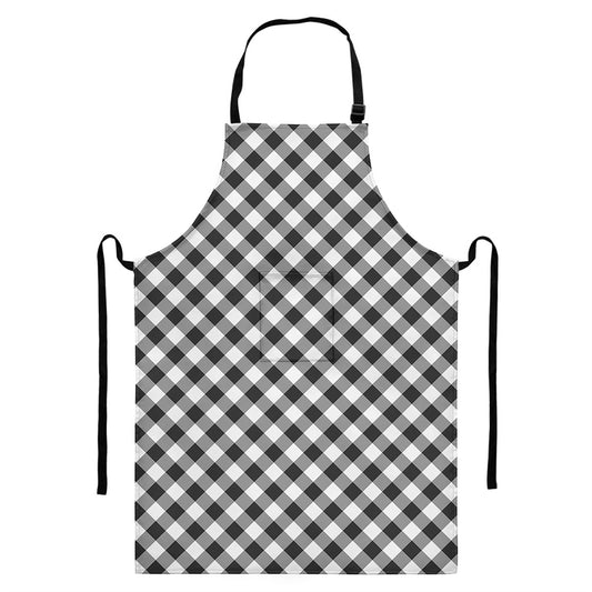 Shadow Grey And White Gingham Print Bib Apron With Pocket