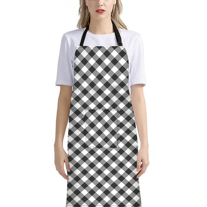 Shadow Grey And White Gingham Print Bib Apron With Pocket
