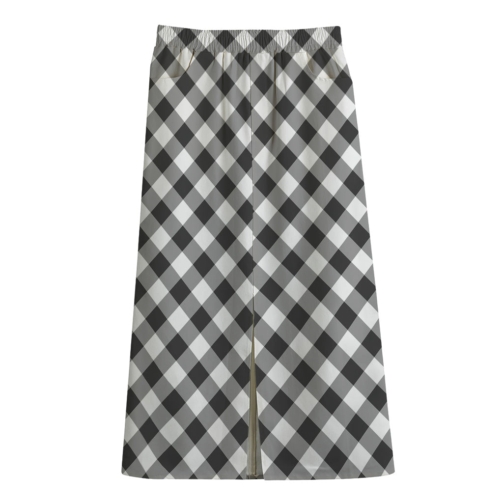 Shadow Grey And White Gingham Print Cotton Front Slit Maxi Skirt