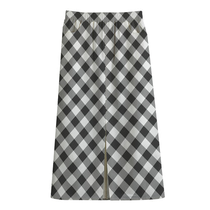 Shadow Grey And White Gingham Print Cotton Front Slit Maxi Skirt