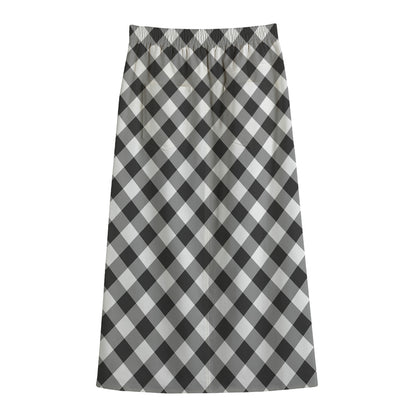 Shadow Grey And White Gingham Print Cotton Front Slit Maxi Skirt