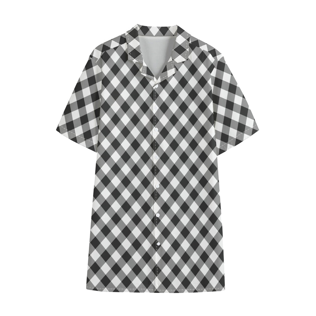 Shadow Grey And White Gingham Print Cotton Hawaiian Shirt