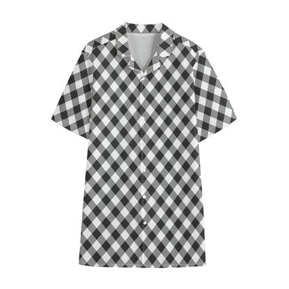 Shadow Grey And White Gingham Print Cotton Hawaiian Shirt