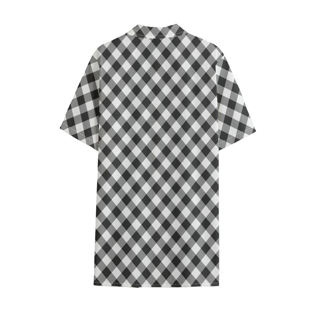 Shadow Grey And White Gingham Print Cotton Hawaiian Shirt