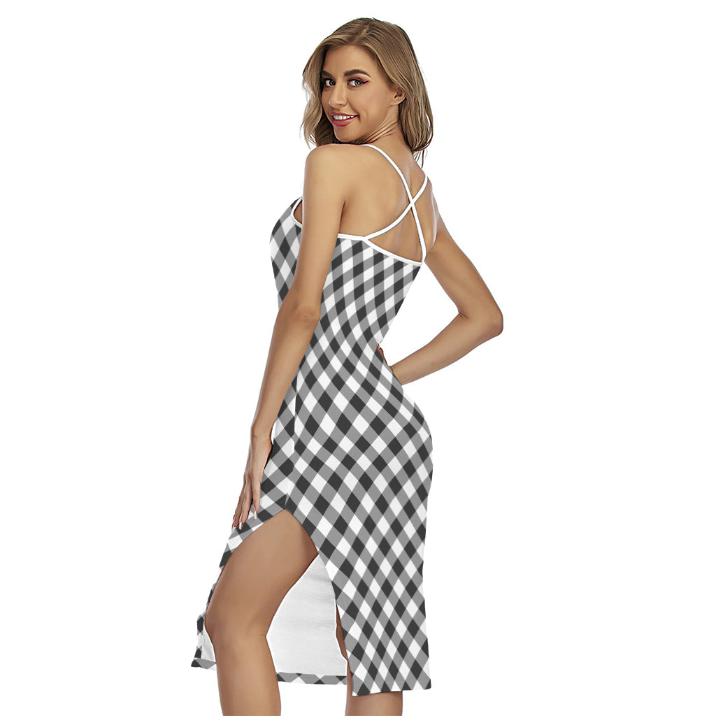 Shadow Grey And White Gingham Print Cross Back Cami Dress