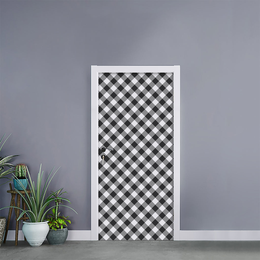 Shadow Grey And White Gingham Print Door Sticker