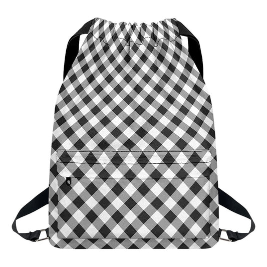 Shadow Grey And White Gingham Print Drawstring Backpack