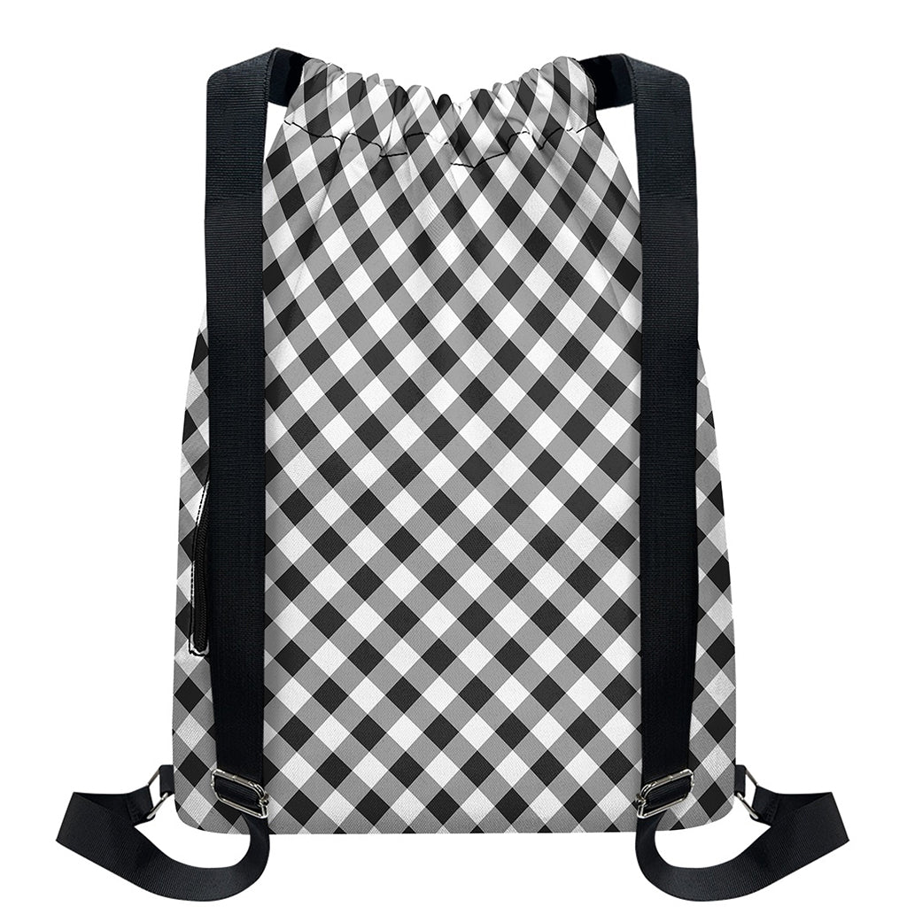 Shadow Grey And White Gingham Print Drawstring Backpack