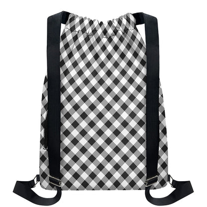 Shadow Grey And White Gingham Print Drawstring Backpack