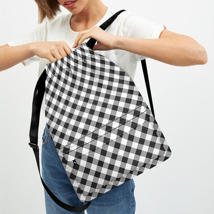 Shadow Grey And White Gingham Print Drawstring Backpack