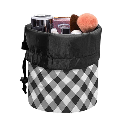 Shadow Grey And White Gingham Print Drawstring Makeup Bag