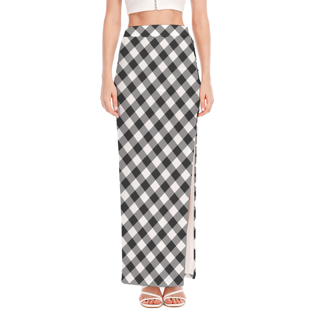 Shadow Grey And White Gingham Print High Slit Maxi Skirt