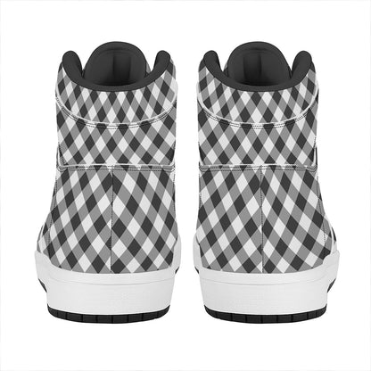 Shadow Grey And White Gingham Print High Top Leather Sneakers