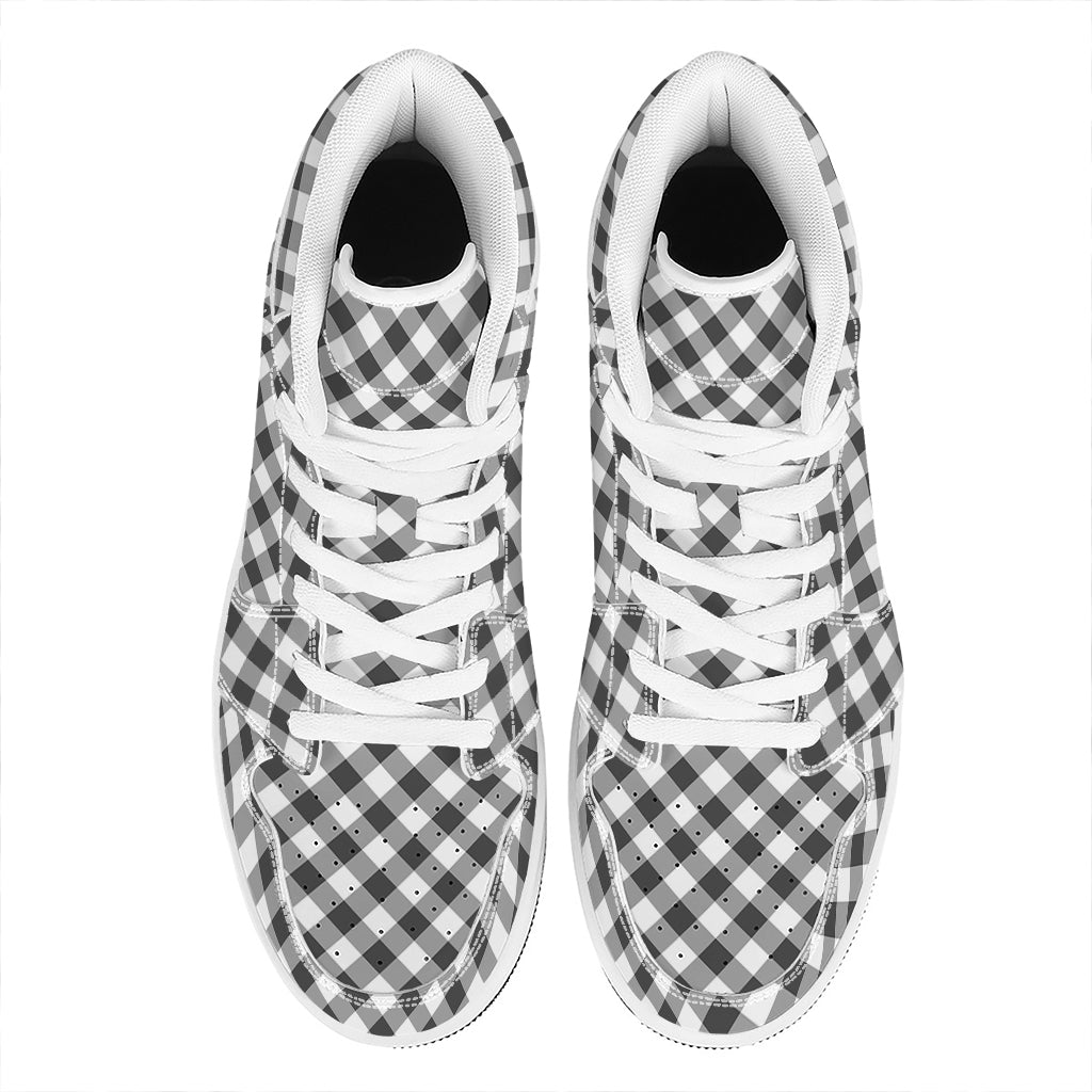 Shadow Grey And White Gingham Print High Top Leather Sneakers