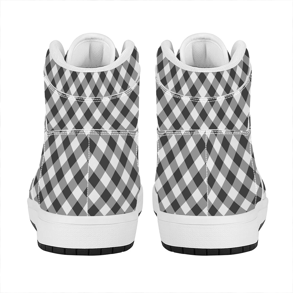 Shadow Grey And White Gingham Print High Top Leather Sneakers