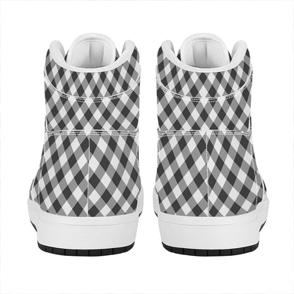 Shadow Grey And White Gingham Print High Top Leather Sneakers