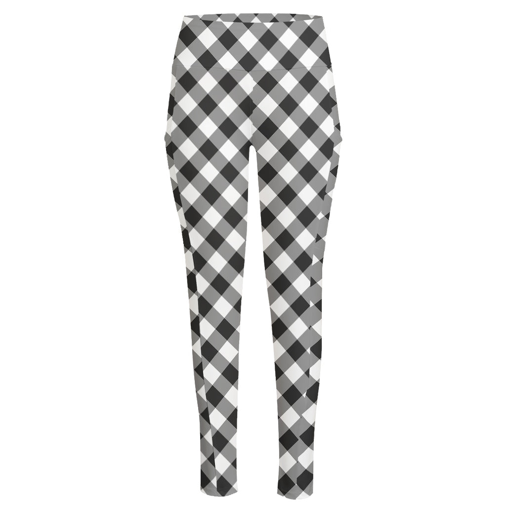 Shadow Grey And White Gingham Print High-Waisted Pocket Leggings