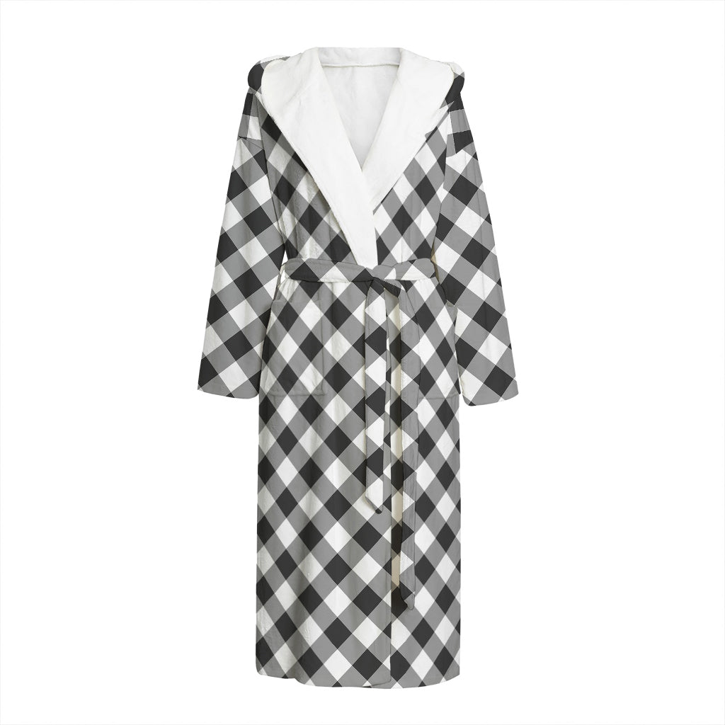 Shadow Grey And White Gingham Print Hooded Bathrobe