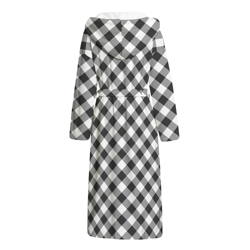 Shadow Grey And White Gingham Print Hooded Bathrobe