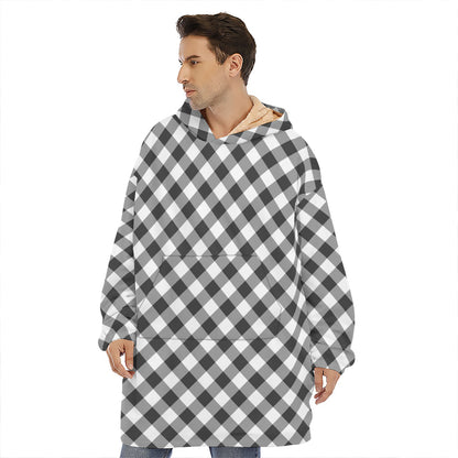 Shadow Grey And White Gingham Print Hoodie Blanket
