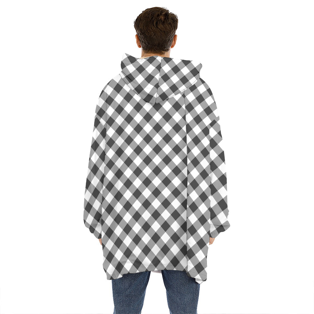 Shadow Grey And White Gingham Print Hoodie Blanket