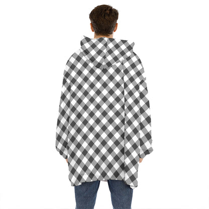 Shadow Grey And White Gingham Print Hoodie Blanket