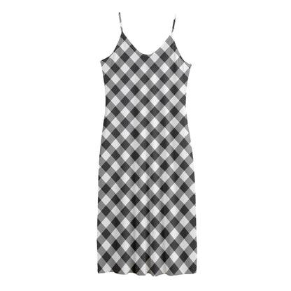 Shadow Grey And White Gingham Print Jersey Midi Cami Dress