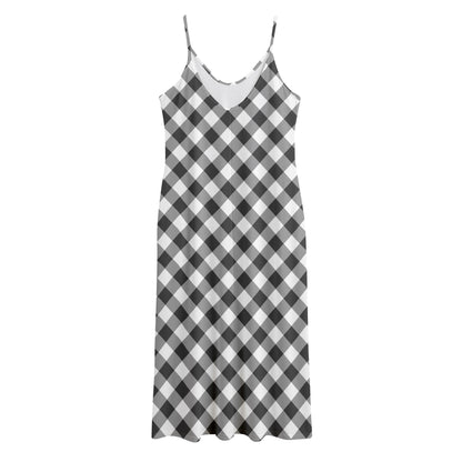 Shadow Grey And White Gingham Print Jersey Midi Cami Dress