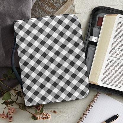 Shadow Grey And White Gingham Print Leather Bible Cover