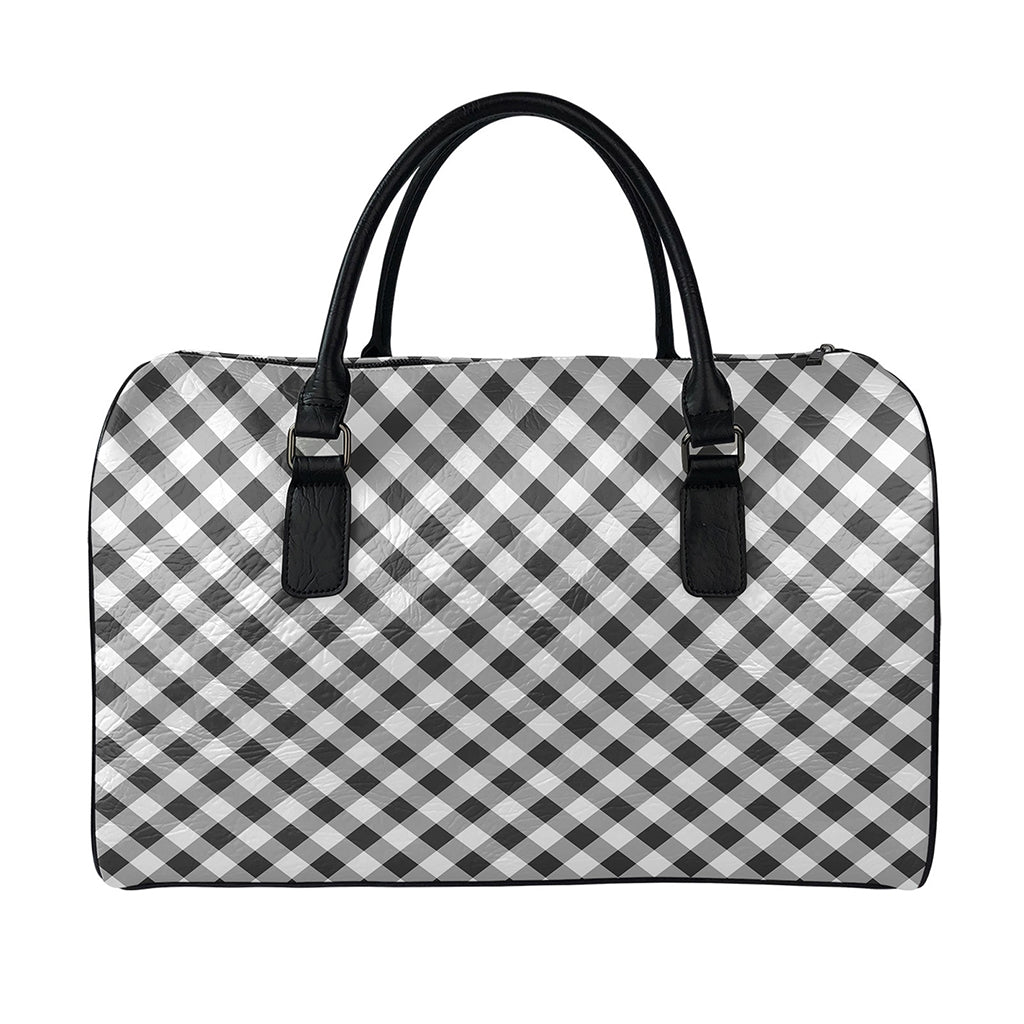 Shadow Grey And White Gingham Print Leather Duffle Bag