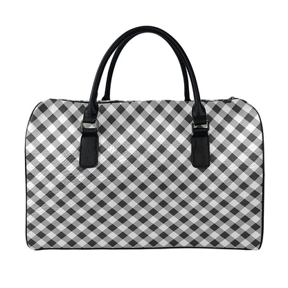 Shadow Grey And White Gingham Print Leather Duffle Bag