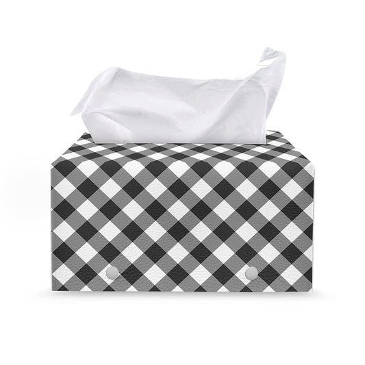 Shadow Grey And White Gingham Print Leather Tissue Box Cover