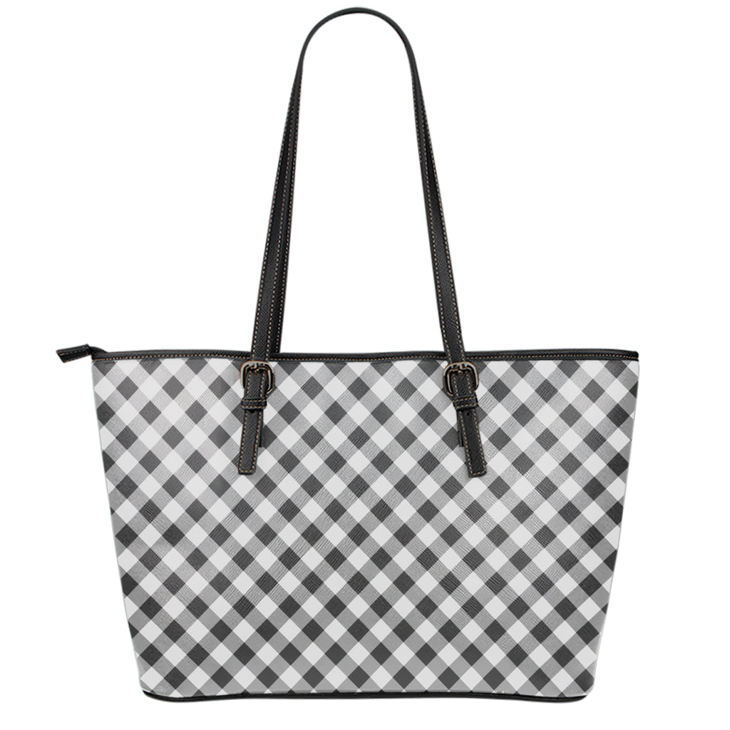 Shadow Grey And White Gingham Print Leather Tote Bag