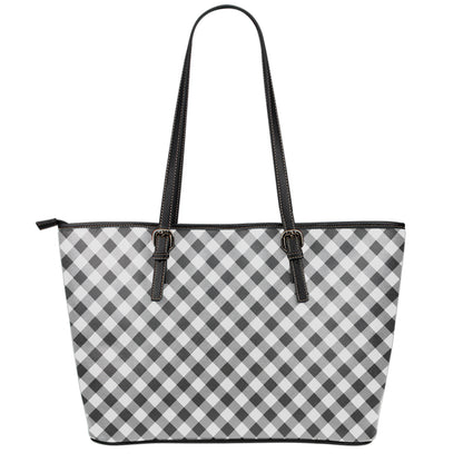 Shadow Grey And White Gingham Print Leather Tote Bag