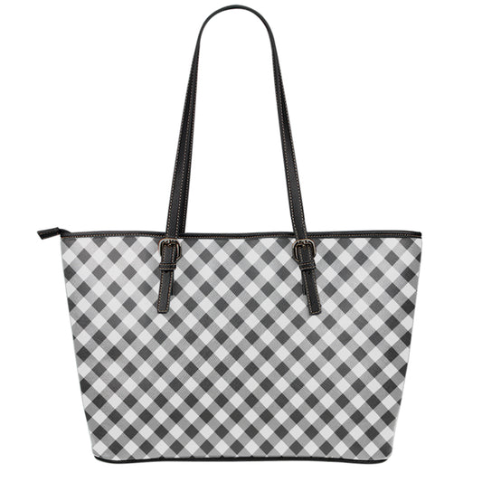 Shadow Grey And White Gingham Print Leather Tote Bag
