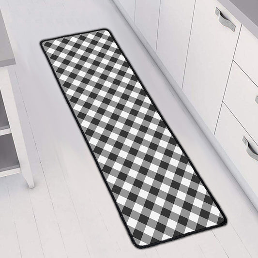 Shadow Grey And White Gingham Print Long Kitchen Mat