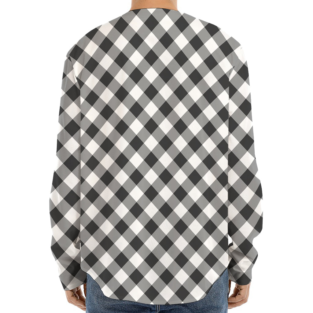 Shadow Grey And White Gingham Print Long Sleeve Baseball Jersey