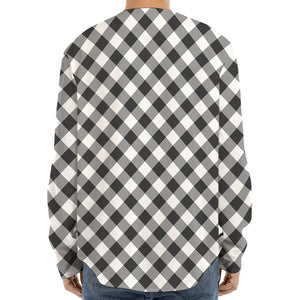 Shadow Grey And White Gingham Print Long Sleeve Baseball Jersey