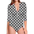 Shadow Grey And White Gingham Print Long Sleeve Swimsuit