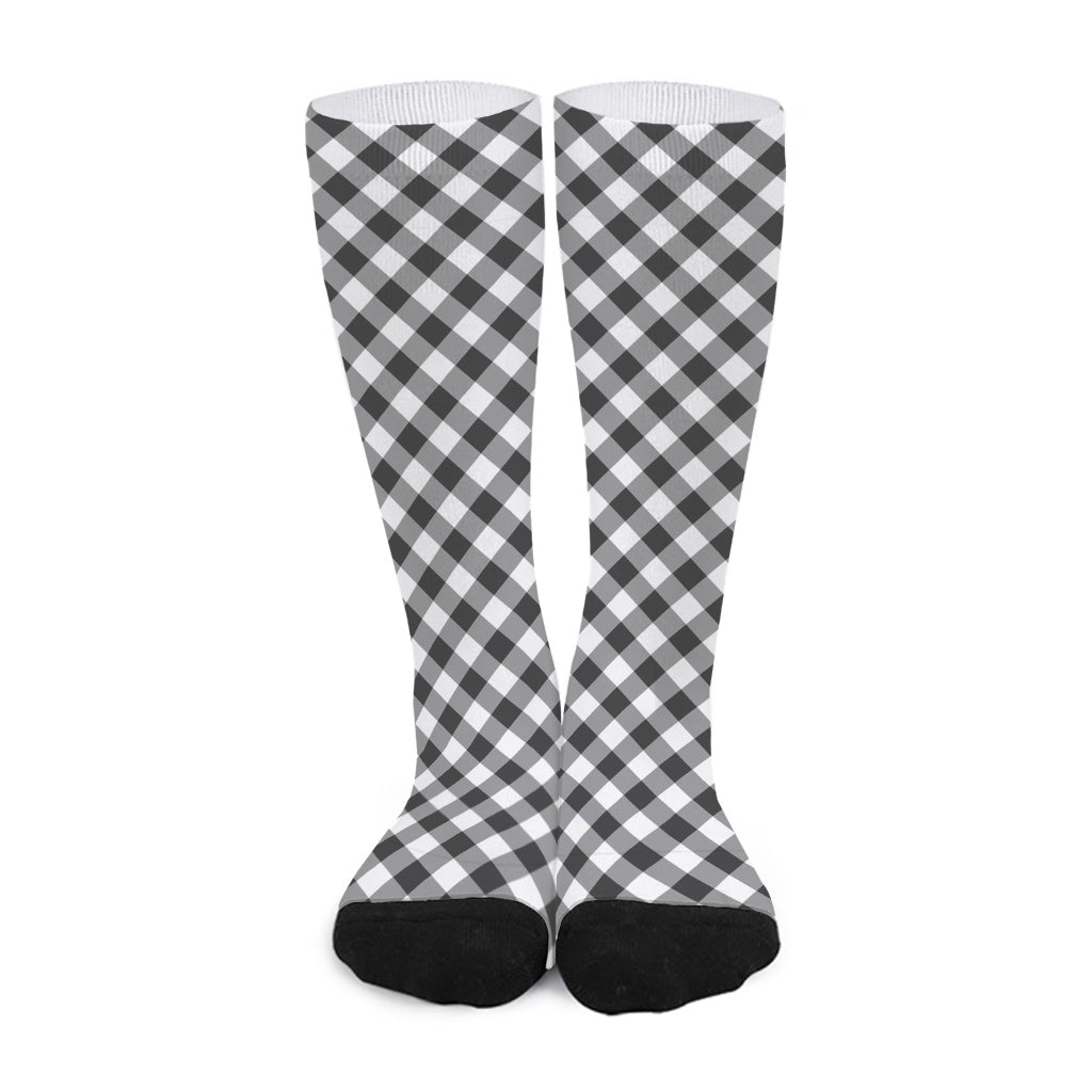 Shadow Grey And White Gingham Print Long Socks
