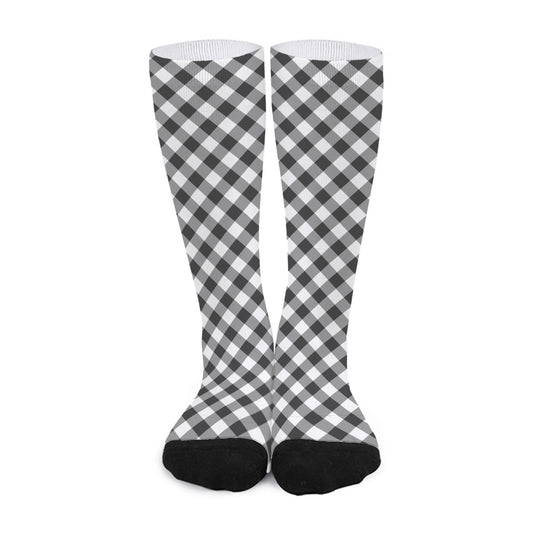 Shadow Grey And White Gingham Print Long Socks